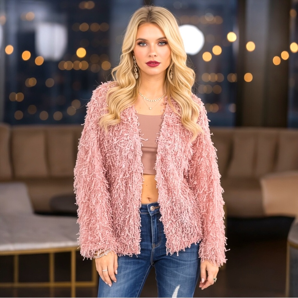 VINE  & LOVE shimmer blush open front cardigan S M L